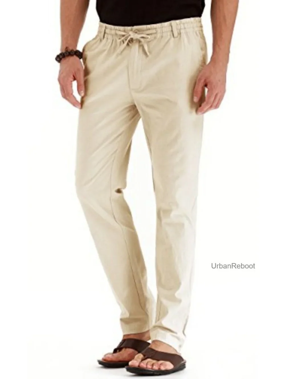 Men's Linen Pants Drawstring Casual Summer Beach Trousers